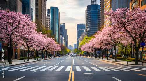 Obraz na płótnie Springtime Stroll: Cherry Blossoms and a Crosswalk in Seoul w salonie