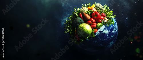 Earth's Bounty: A stunning illustration of the Earth adorned with an abundance of vibrant, fresh vegetables, symbolizing the planet's natural nourishment and healthy living.