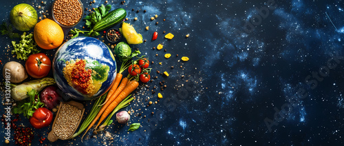 Nutritious Earth's Bounty: A vibrant medley of fruits and vegetables artfully arranged to form the shape of earth, celebrating the planet's diverse resources, suggesting well-being.