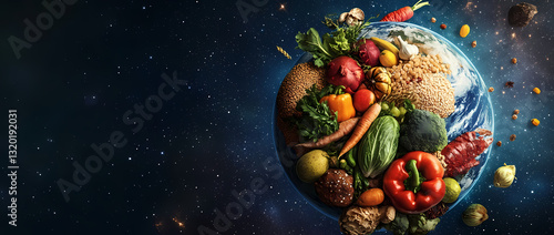 Earth's Edible Embrace: A vibrant, surreal image showcasing a bountiful harvest of fresh vegetables and fruits enveloping our planet, conveying the vital connection between sustenance, nature.