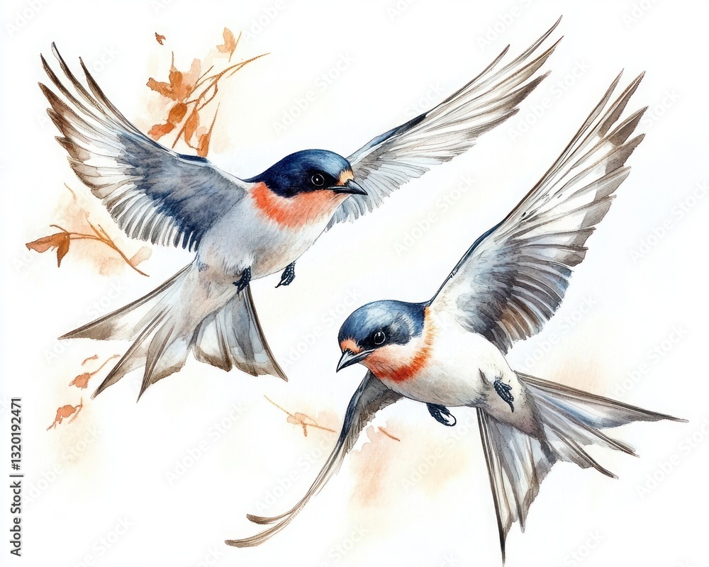 Fototapeta premium Swallows in Flight Watercolor Illustration on White Background