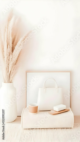 Wallpaper Mural Creamy White Aesthetic Still Life Photography with Pampas Grass, Tote Bag, and Coffee Cup on a Textured Surface, Minimalist Home Decor. Torontodigital.ca