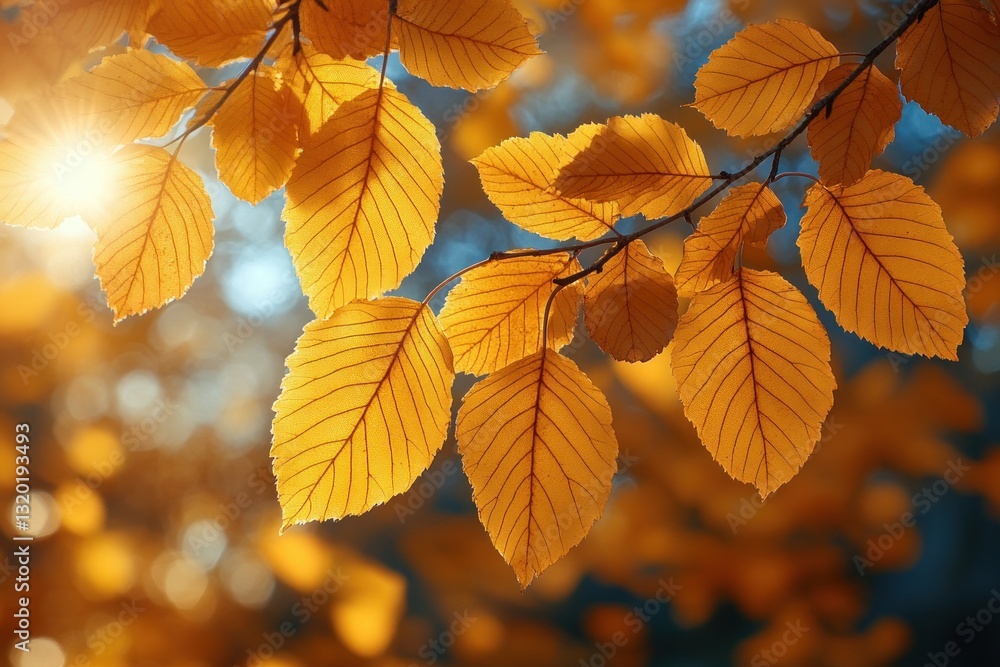 Fototapeta premium Autumn Forest Scene with Golden Yellow Leaves and Sunlight Natural Vibrant Background
