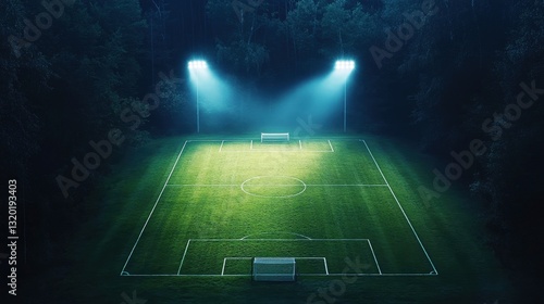 A sunlit soccer field bathes in lush, vibrant green grass with a pristine white sideline stretching gracefully across its surface, inviting endless possibilities for play photo