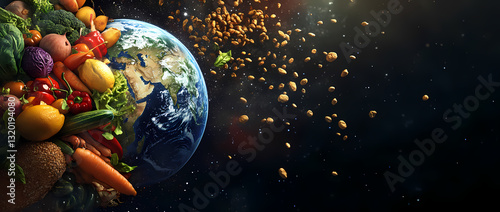Vibrant Earth and Nourishment: A visual metaphor for global health, showcasing fresh produce embracing Earth with the cosmic backdrop. This image speaks to sustainable living, food security.