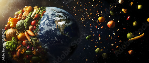 Healthy Planet, Healthy Food: A visual narrative intertwining the vibrant abundance of nutritious produce with the earth's form, emphasizing the importance of a balanced diet.