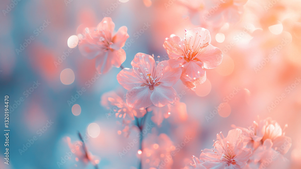 Delicate cherry blossoms with soft glowing bokeh in dreamy pastel background Delicate cherry blossoms with soft glowing bokeh in dreamy pastel background