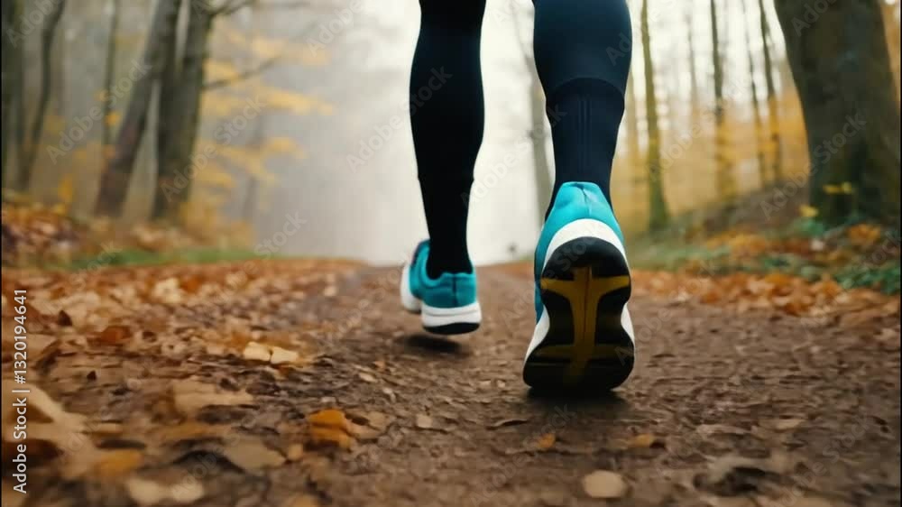 Runner's Perspective: Close-Up of Athletic Shoes on a Forest Trail During Autumn Runner's Perspective: Close-Up of Athletic Shoes on a Forest Trail During Autumn