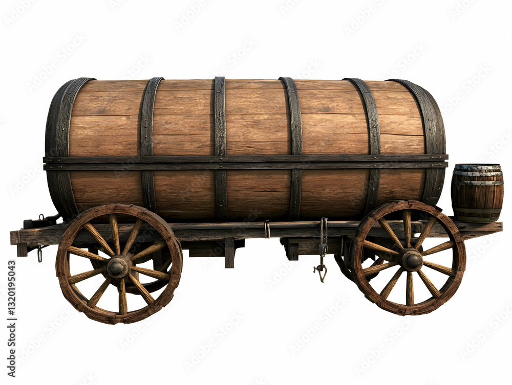 3D Render of a Wooden Barrel Cart with Spoked Wheels,  Medieval-Style Transport,  Detailed Model on White Background.