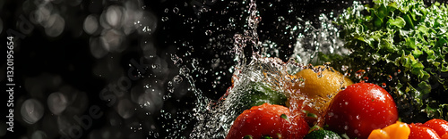 Vibrant Harvest: A captivating image showcasing fresh, ripe vegetables being splashed by water, their textures enhanced by the droplets, celebrating natural vibrancy