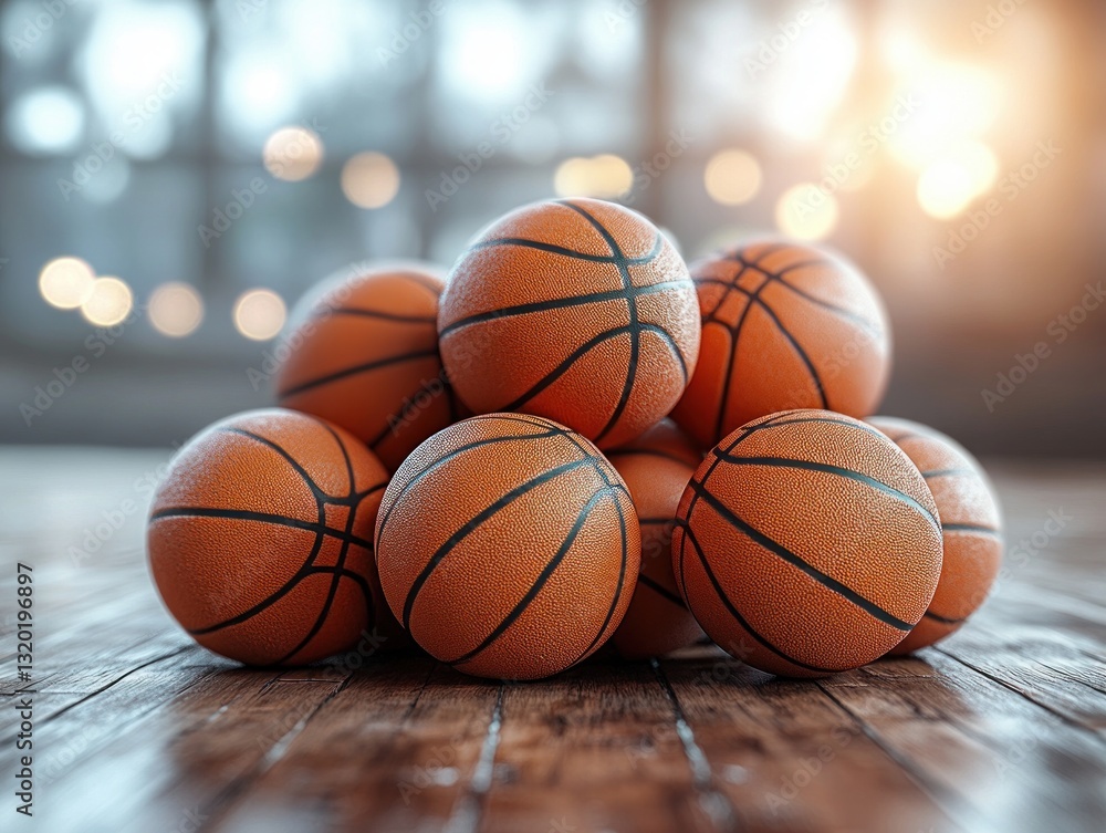 Obraz premium Basketball Pyramid Stack on Wooden Floor with Natural Lighting