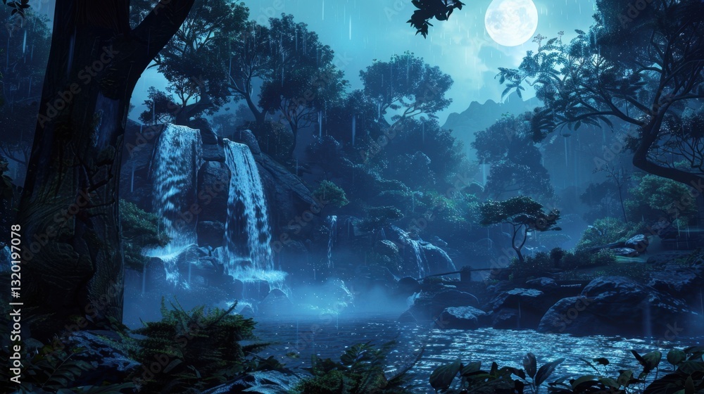 Fototapeta premium Blue Waterfall: A stunning waterfall where the water appears blue, created by mineral content or light reflection, offering a breathtaking natural scene. 