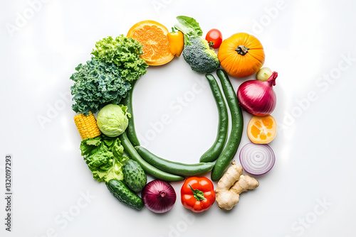 Vibrant Vegetable Wreath: A stunning array of colorful, fresh vegetables artistically arranged in a circular wreath, showcasing the beauty and nutritional value of a healthy, plant-based diet. 