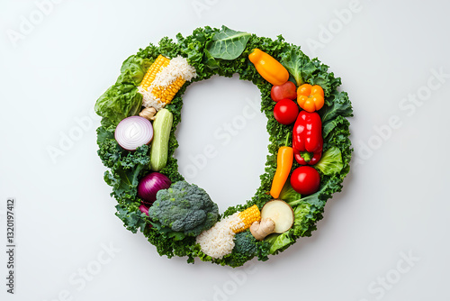 Alphabet of Nature: A vibrant culinary creation, forming the letter "Q" with an array of fresh, colorful vegetables and verdant leafy greens.
