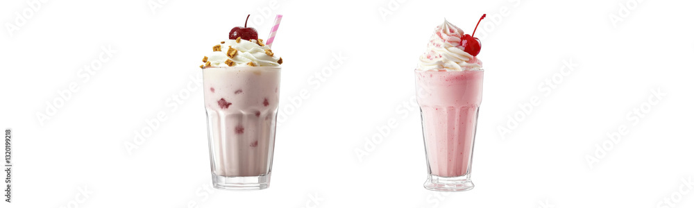 strawberry milkshake with whipped cream and cherry on transparent background