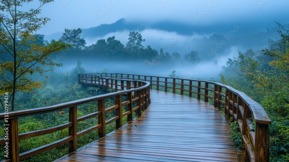 Misty mountain boardwalk path curves through lush forest Misty mountain boardwalk path curves through lush forest