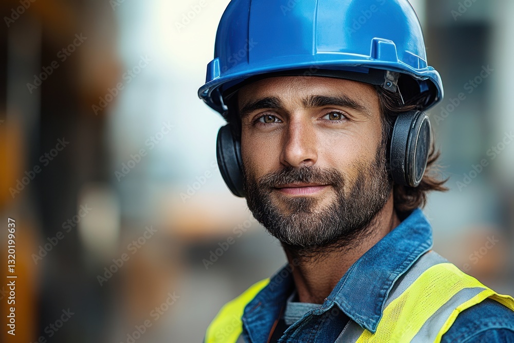 Fototapeta premium Confident construction worker in blue safety helmet and reflective vest smiling at camera