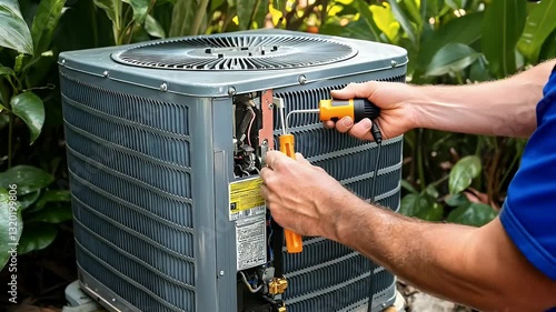Close Up Of A Person Repairing An Air Conditioning Unit With Orange And Black Tools In A Green Outdoor Setting With A Blue Shirt And Metal Machine