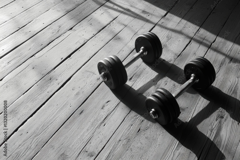 Fototapeta premium Minimalist black and white dumbbells resting on a textured wooden floor with diagonal floorboard lines and ample negative space
