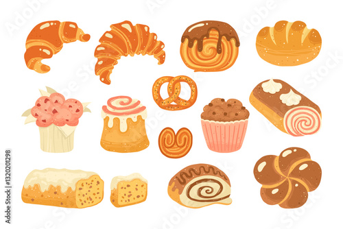 Pastries sweet buns cartoon hand drawn set. Various pastry bun muffin cupcake, French croissant and round croissant bagel, pie, cinnamon roll. Menu bakery wheat pastry textured art vector illustration