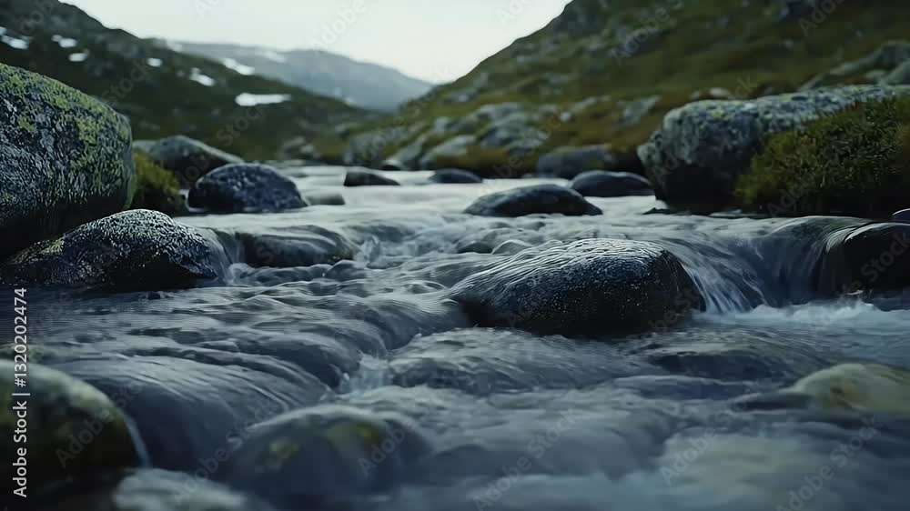 Close Up Shot Of A River Flowing Through A Rocky Valley With Green Moss Covering Stones Displaying Natural Colors And Textures With Clear Water Under Daylight Close Up Shot Of A River Flowing Through A Rocky Valley With Green Moss Covering Stones Displaying Natural Colors And Textures With Clear Water Under Daylight