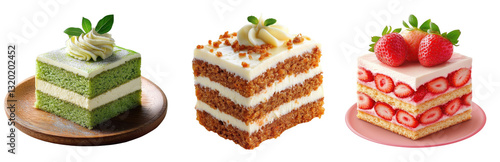 layered cakes assortment on plates on transparent background