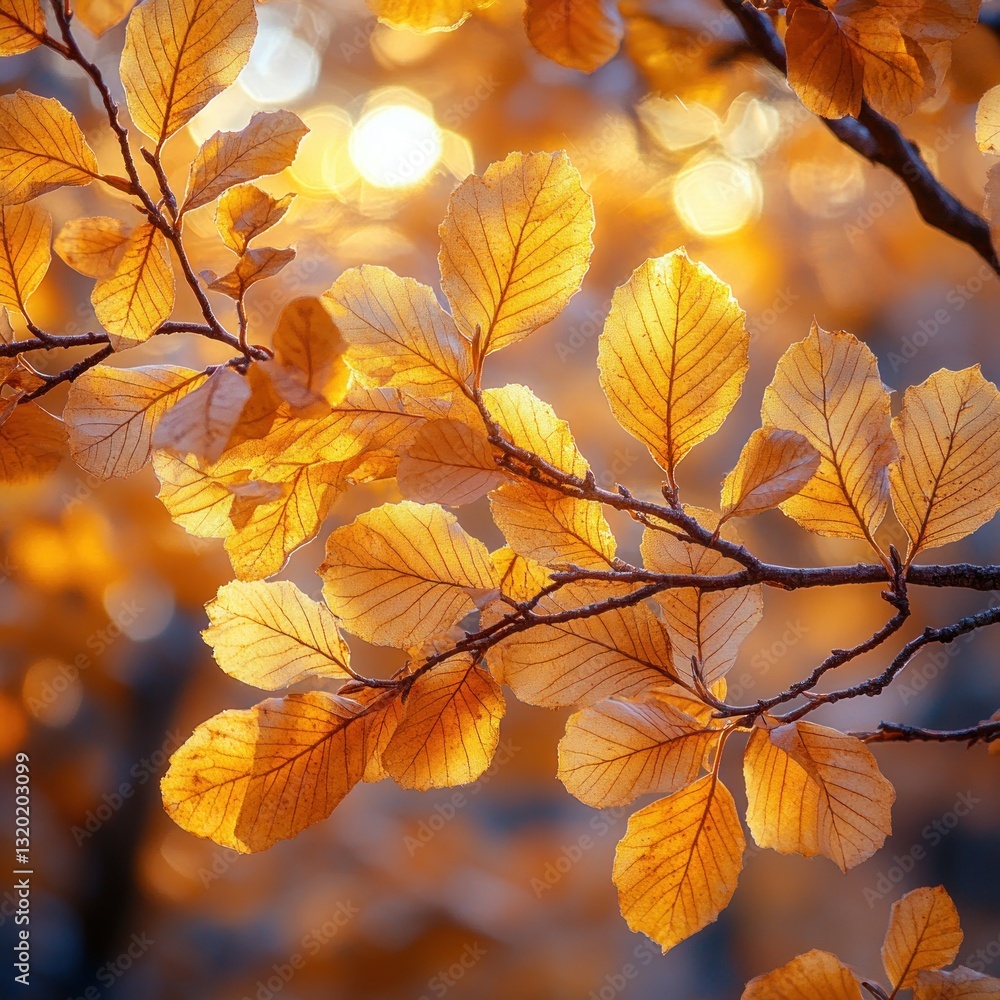Autumn Leaves on Oak Branches Backlit by Sunlight Vibrant Warm Tones Blurred Forest Background Nature Photography Autumn Leaves on Oak Branches Backlit by Sunlight Vibrant Warm Tones Blurred Forest Background Nature Photography