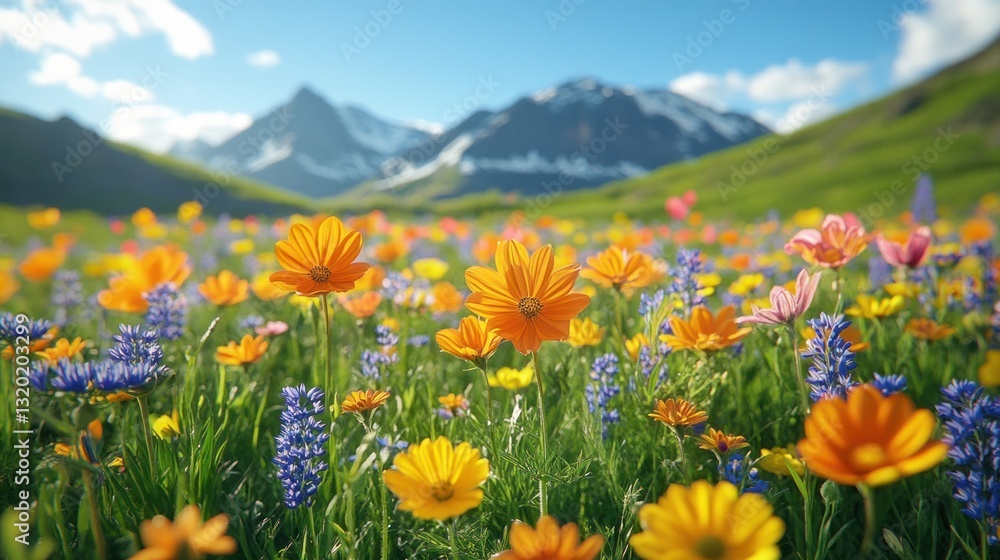 Obraz premium The colorful wildflowers bloom in a meadow with mountain backdrop