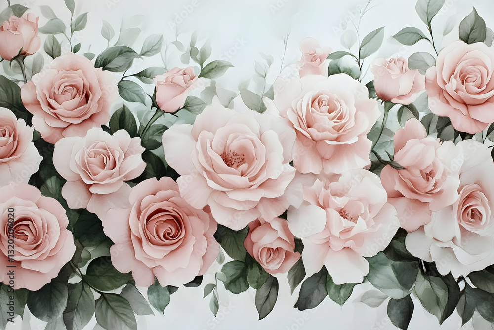 Φωτογραφία Watercolor Painting of a Delicate Bouquet of Pink Roses and Lush Greenery, a Rom