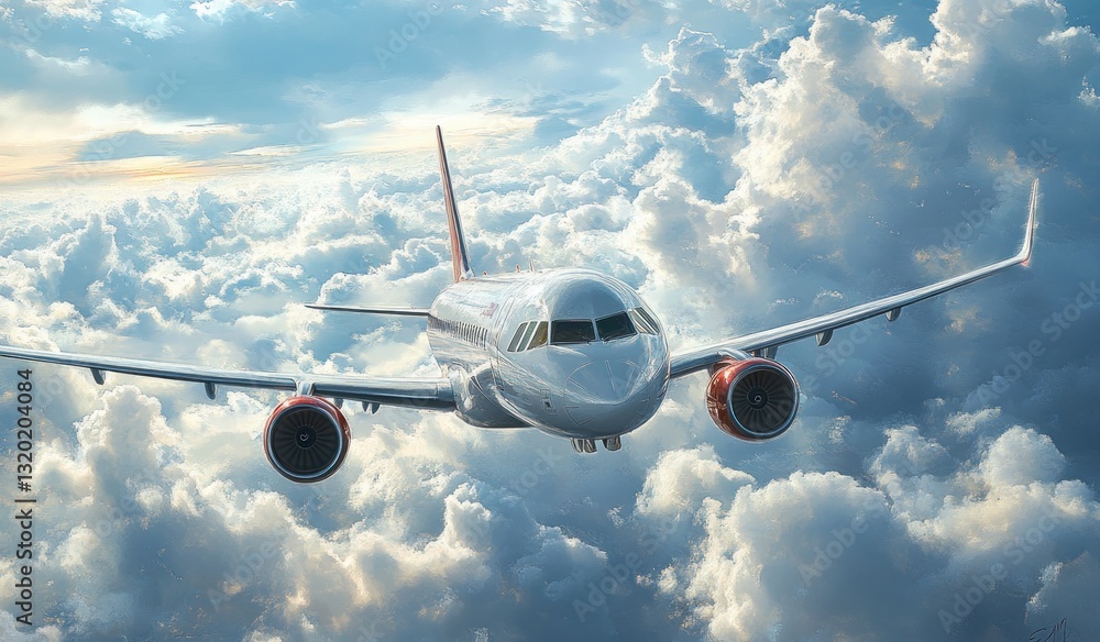 Fototapeta premium Modern Passenger Airplane Flying Above Clouds in Clear Blue Sky with Bright Sunlight