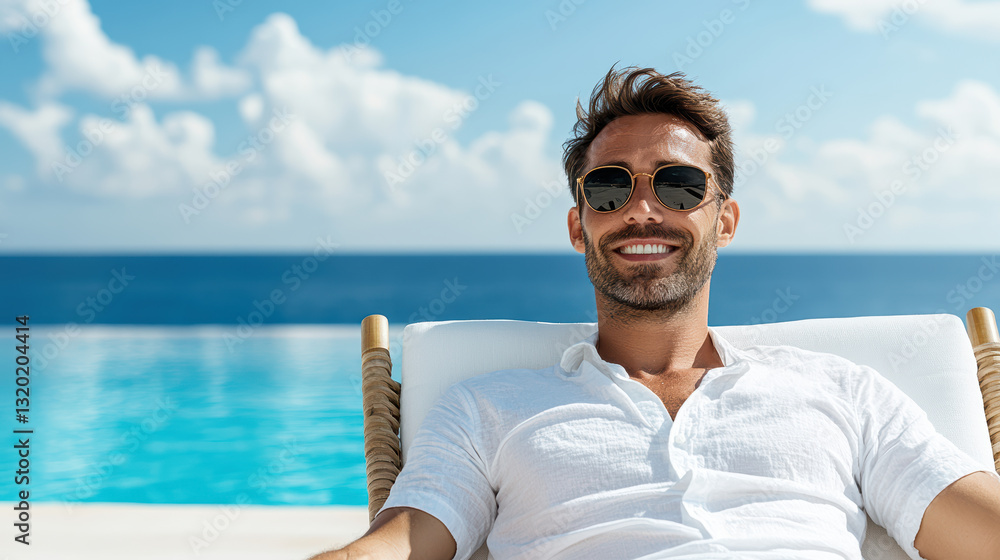 Relaxing man in sunglasses by poolside enjoying sunny breeze Relaxing man in sunglasses by poolside enjoying sunny breeze