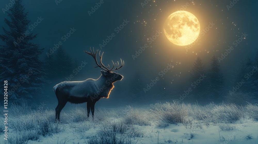 A Reindeer Stands Beneath A Giant Bright Glowing Moon A Reindeer Stands Beneath A Giant Bright Glowing Moon