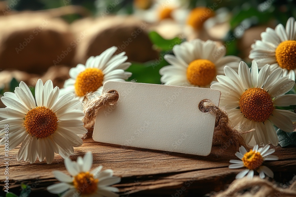 Obraz premium Blank White Tag Surrounded by Daisies on Wooden Surface
