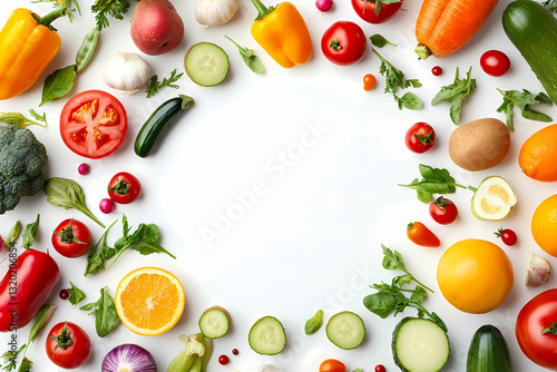 Fresh Produce Circle: A vibrant arrangement of fresh vegetables and fruits, arranged in a circle on a white background, leaving space for text or design. It evokes a sense of health, vibrancy.