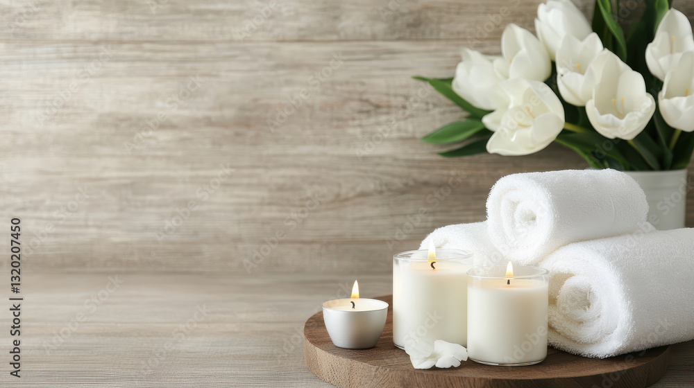 Relaxing spa essentials with aromatic candles and fresh flowers Relaxing spa essentials with aromatic candles and fresh flowers