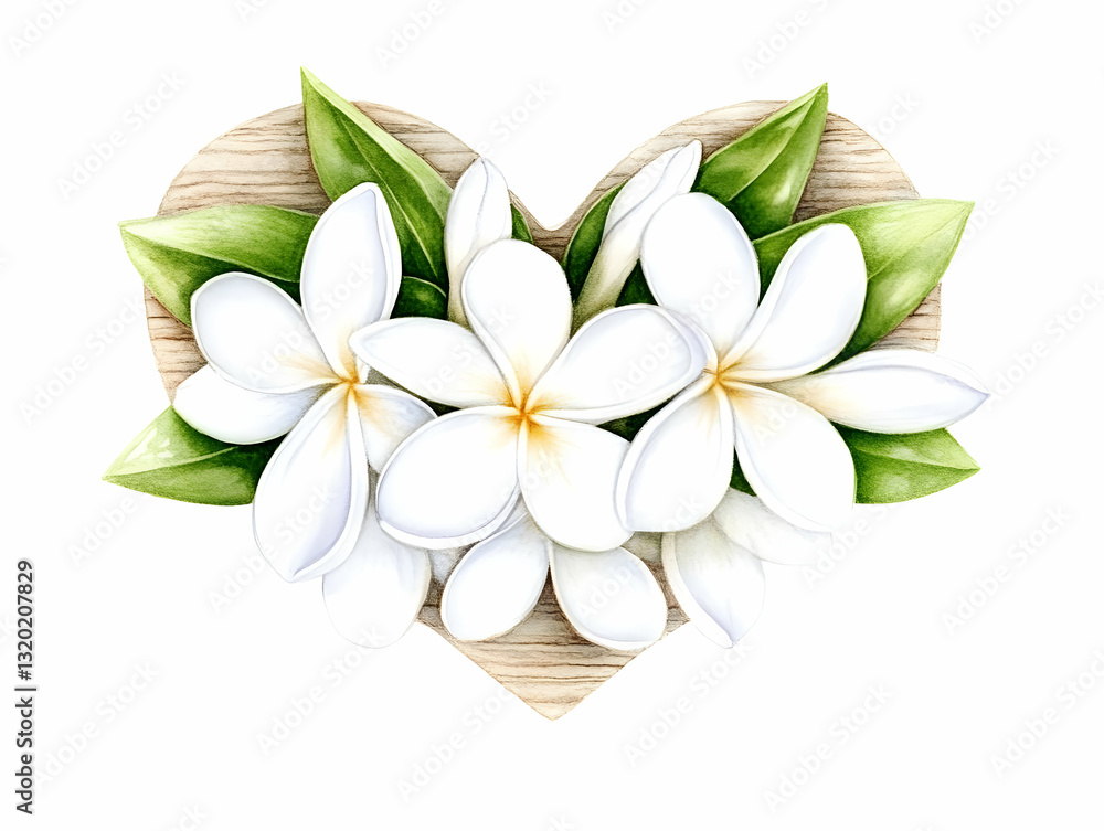 Φωτογραφία Watercolor Illustration of White Plumeria Flowers on a Heart-Shaped Wooden Backg
