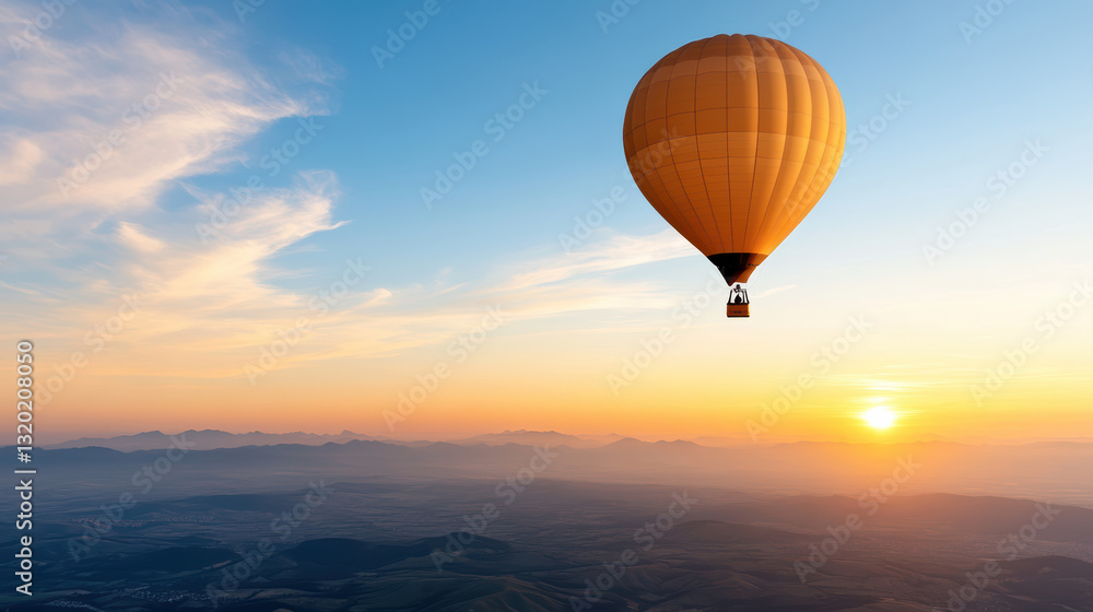 Fototapeta premium hot air balloon soaring in sky at sunrise, creating serene atmosphere