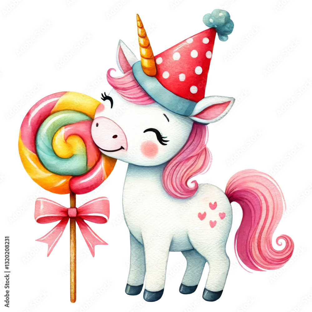 Naklejka premium Birthday unicorn concept. A cute cartoon unicorn wearing a party hat joyfully holds a colorful lollipop, embodying a festive and whimsical atmosphere.