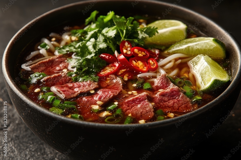 Vietnamese Pho Soup with Beef Noodles and Fresh Herbs Vietnamese Pho Soup with Beef Noodles and Fresh Herbs