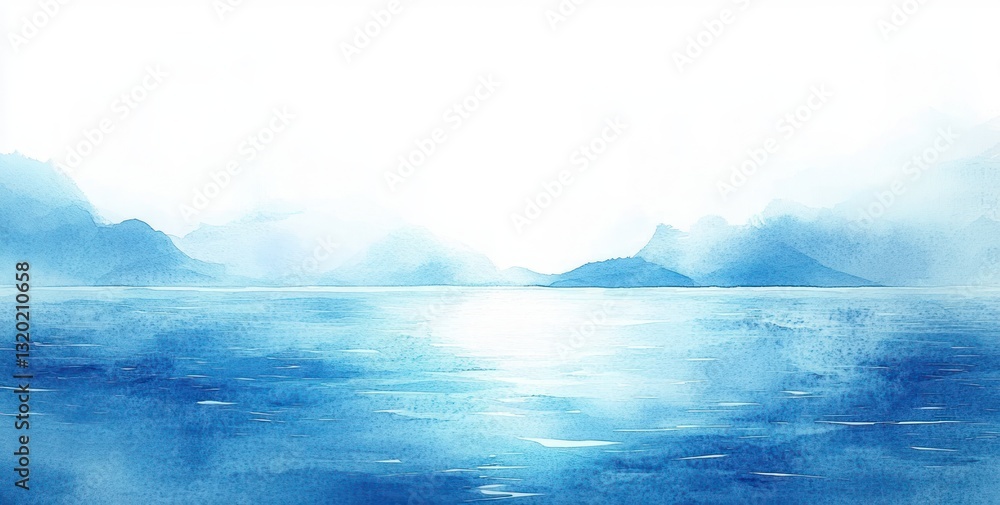 Naklejka premium Watercolor Seascape Ocean Background Water Surface with Waves Abstract Light Bright Art Illustration