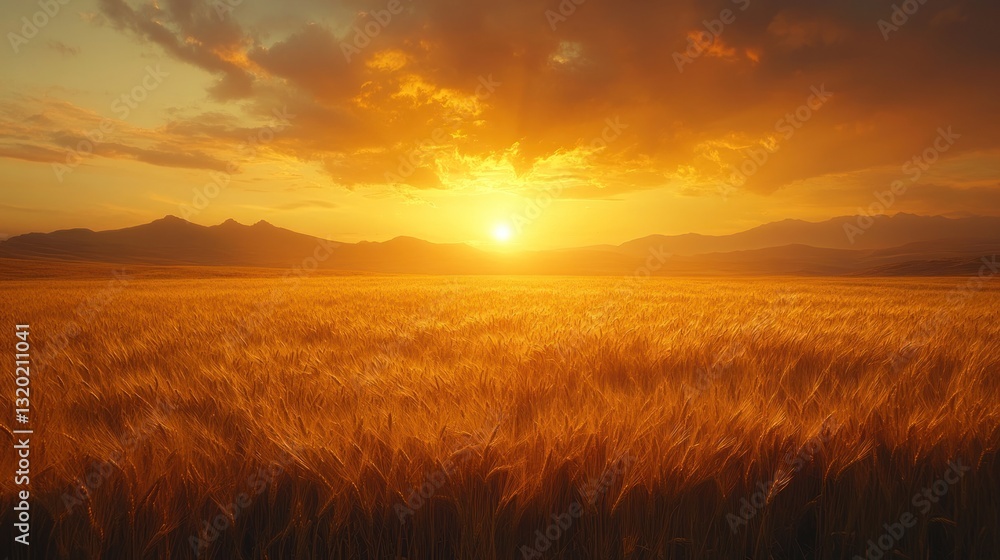 Golden sunlight illuminates an expansive field of wheat during sunset Golden sunlight illuminates an expansive field of wheat during sunset