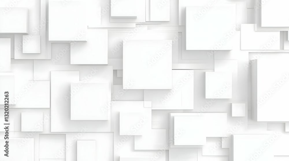Abstract 3D White Geometric Shapes Background: Overlapping Cubes and Rectangles create a Modern Minimalist Design