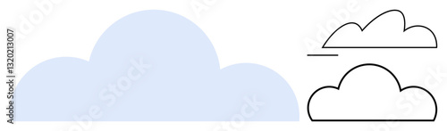 Blue cloud shape alongside outlined cloud sketches. Ideal for weather, cloud computing, minimal design, nature, environment, online storage, abstract ideas. Clean flat simple metaphor
