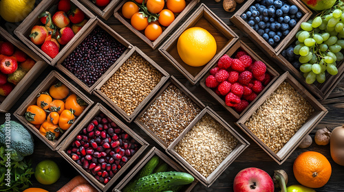 Vibrant Harvest Bounty: An assortment of fresh fruits, vegetables, and grains artfully arranged in wooden crates, showcasing a vibrant palette of colors and textures.
