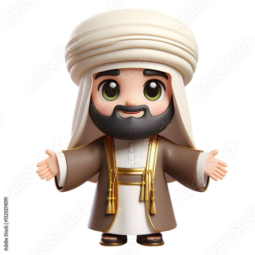 3D bearded man wearing Arabic clothes isolated on white background