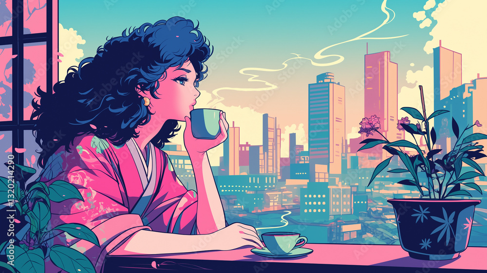 80年代アニメスタイルの女性｜ビビッドな色彩とロマンチックな都会の風景