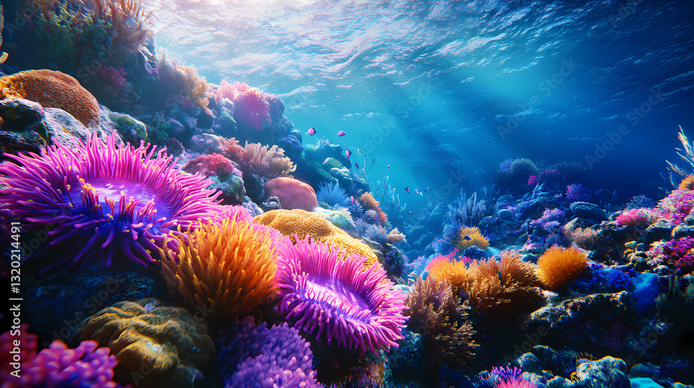 Naklejka premium Underwater Paradise: A vibrant, detailed underwater world showcases a coral reef teeming with colorful marine life, illuminated by sunbeams that cascade through the clear, tranquil ocean.
