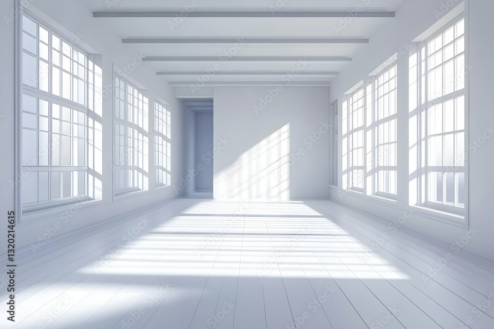 Sunlit Empty Room: 3D Render of a White Room with Large Windows and Wooden Floor, Ideal for Backgrounds or Interior Design Projects Sunlit Empty Room: 3D Render of a White Room with Large Windows and Wooden Floor, Ideal for Backgrounds or Interior Design Projects
