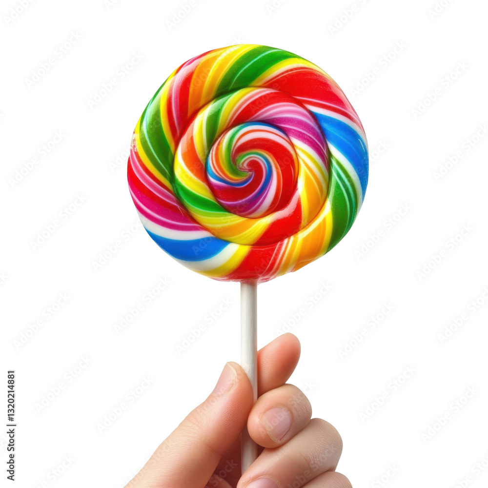 rainbow swirl lollipop held in hand on white background rainbow swirl lollipop held in hand on white background