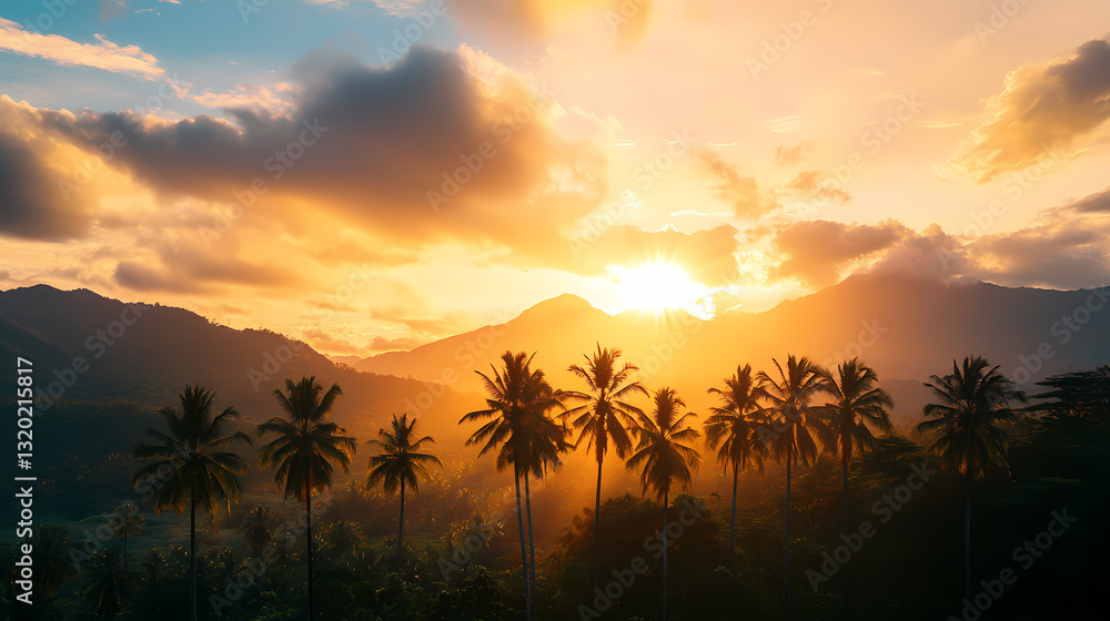 Obraz premium Tropical Sunset Serenity: A breathtaking tropical scene, where the sun dips below the horizon, painting the sky in a fiery display above silhouettes of palm trees and majestic mountain ranges.